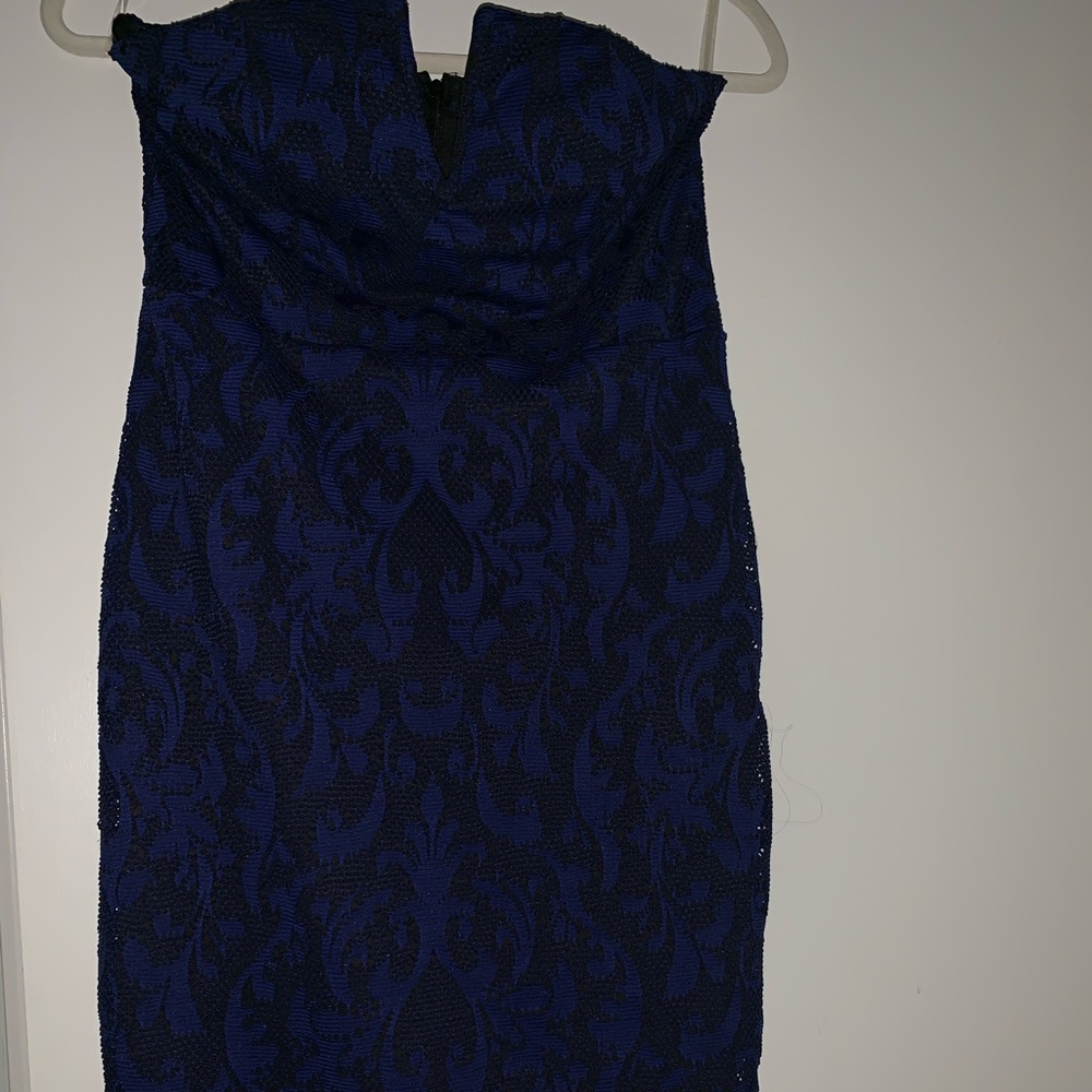Strapless blue and black crochet dress